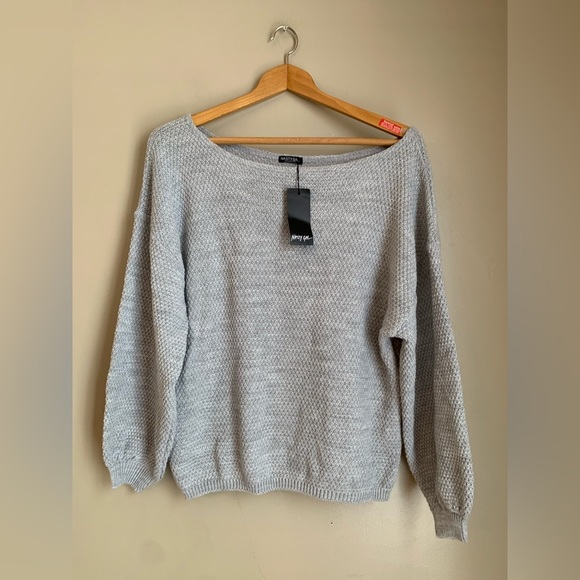 Nasty Gal Sweater Womens Medium Puff Sleeve Fuzzy WideNeck Pullover Boho Gray - Picture 1 of 9